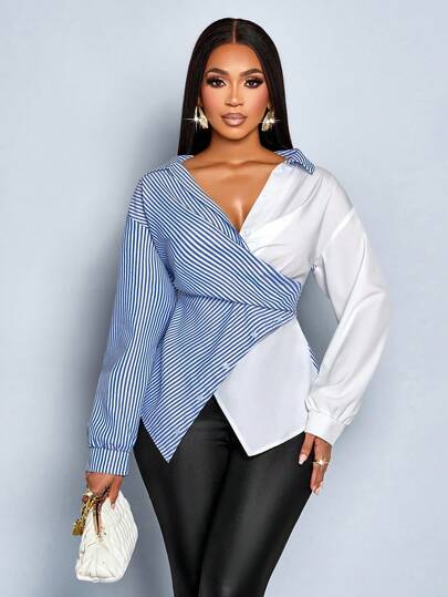 SOLERSUN Women's Striped Print Button Front Long Sleeve Shirt, Color Block Asymmetrical Hem, Batwing Sleeve, Wrap Blouse, Fall, Long Sleeve, Winter, Elegant, Daily Commuting, Going Out, Casual, Long Sleeve Tops (Random Floral)