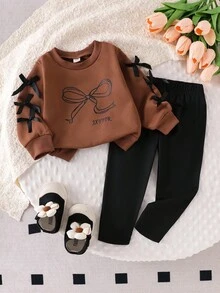 2 件套女婴休闲蝴蝶结印花长袖运动衫和针织打底裤套装，可爱又时尚，适合秋季 - 棕色 - 查看 1