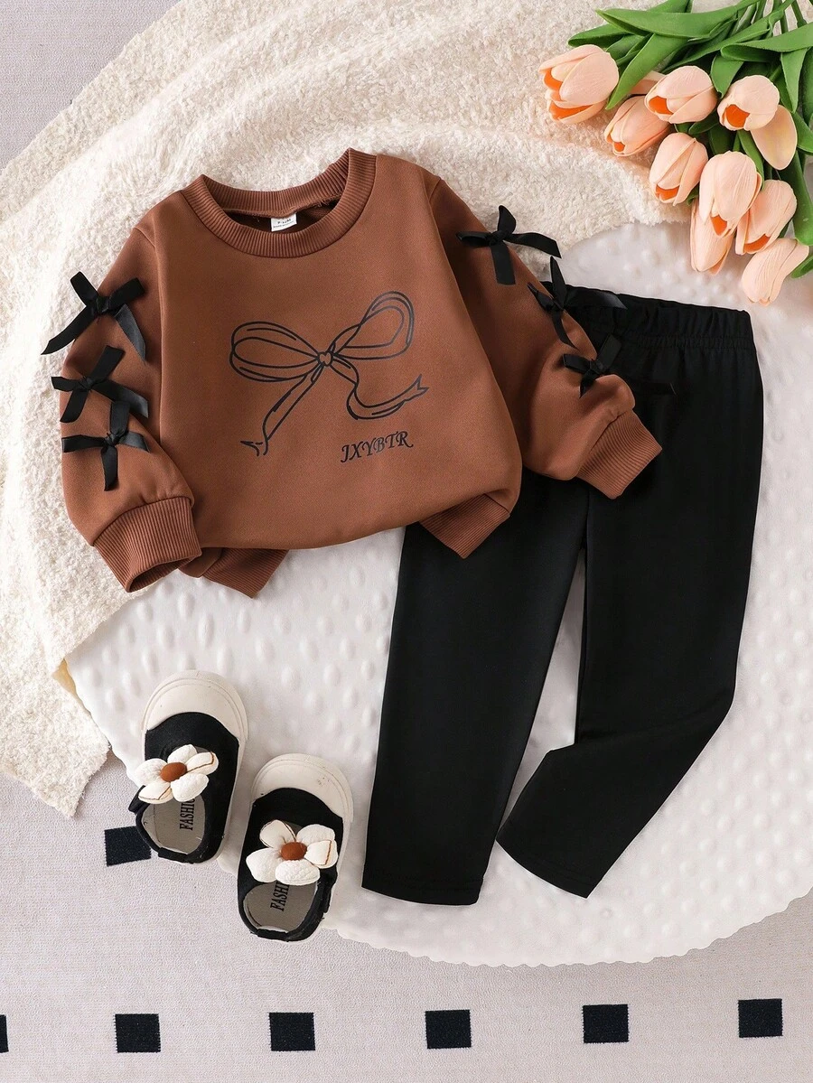 2 件套女婴休闲蝴蝶结印花长袖运动衫和针织打底裤套装，可爱又时尚，适合秋季 - 棕色 - 查看 1