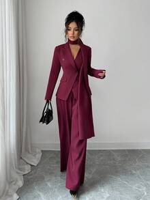 SHEIN Elenzya 女士勃艮第红厚面料不对称设计翻领长袖西装外套和阔腿裤两件套西装，优雅精致 - 酒紅色 - 查看 7