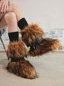 Sugerpunk Women's New Chunky Sole Faux Fur Snow Booties With Rivets, Lace-Up Dark Slim Ankle Boots - Brown - View 7