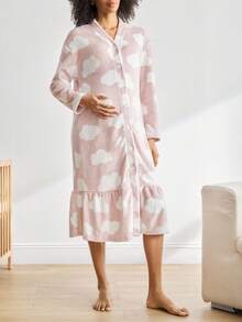 BloomMama Maternity Cloud Print Fleece Nursing Long Sleeve Fluffy Sleepwear Dress, Autumn, Cozy Baby Shower Bridesmaid Maternity Night Dusty Pink Cute Kawaii - Multicolor - View 4