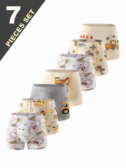 7pcs/Pack Young Boy Cartoon Car Print Comfortable Boxer Briefs Fall Winter