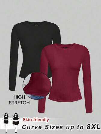 SHEIN CURVE+ Curve 大码/秋装/秋季女装/女冬装/冬装大码休闲长袖基本款 T 恤，2025 年秋季返校系列