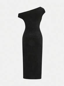 SHEIN 青少年女孩休闲优雅不对称领口褶饰腰部天鹅绒紧身长裙，适合圣诞派对、返校装、聚会，黑色 - 黑色 - 查看 2