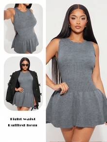 Radiana Women's Sleeveless Solid Color Mini Knit Dress, Summer Fashion Gray Dress Fit And Flare Dress Skater Dress Jumper Dress In Fall/Winter,ملابس شتوية للنساء - Dark Grey - View 4