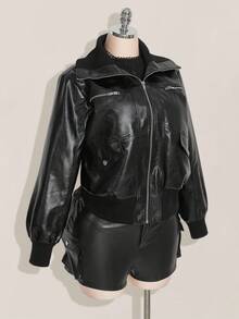 SHEIN ICON Plus Size Black Retro Y2K PU Leather Jacket, Autumn/Winter