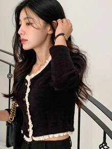 DAZY 女士蕾丝拼布V领长袖时尚短款T恤 - 黑色 - 查看 3