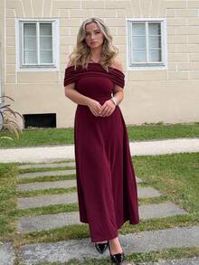 Jeta Ari 女士优雅简约精致浪漫时尚派对度假通勤露肩高腰 A 字长裙，灰色长裙 - 酒紅色 - 查看 5