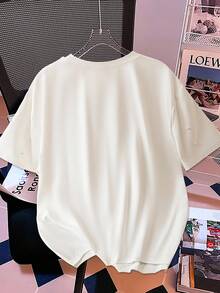 Franclia Camiseta de manga corta blanca de verano con cuello redondo, efecto abultado y adorno de perlas falsas - Blanco - Ver 2