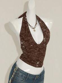 SHEIN ICON Camisola feminina de renda com decote em V e miçangas, minimalista básica para férias - Multicolorido - Ver 7