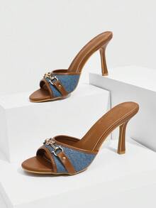 CUCCOO SZL Women's Retro Vintage Style Round Toe Mule High Heel Sandals, Blue & Brown Color Combination, Fashionable & Comfortable