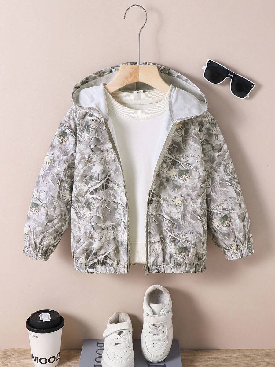 SHEIN Young Boys Clothes Casual Sports Street Green Camouflage Branch Pattern Printed Hooded Jacket Back To School Clothe Boys School Clothes Fall Winter - Grey - View 1