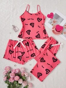 Dream Adore 3件套可爱睫毛和心形印花女士睡衣套装 - 粉色 - 查看 3