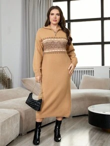 Modelyn 秋冬大码女式几何图案领毛衣裙 - 卡其色 - 查看 3