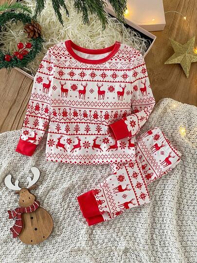 2pcs Baby Girls' Christmas Thin Solid Color Pajamas Set, Casual Reindeer, Christmas Tree, Snowflake Print Long Sleeve Top And Pants Homewear Snug Fit Outfit Fall Winter Christmas Red Kids Outfits