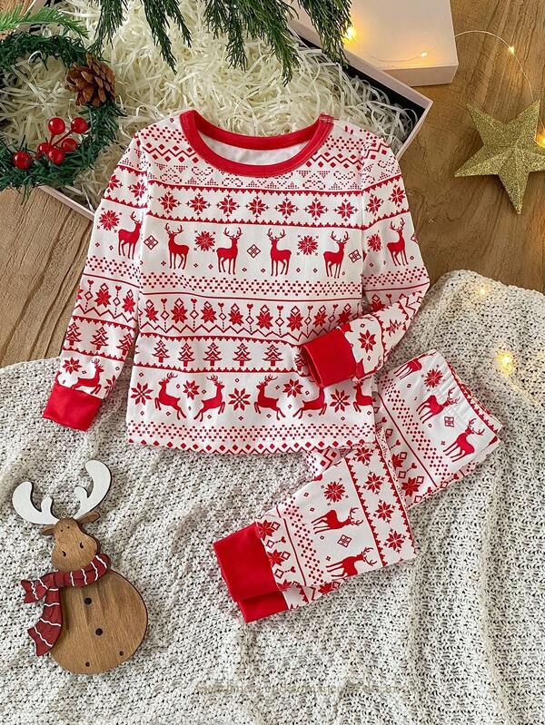 2pcs Baby Girls' Christmas Thin Solid Color Pajamas Set, Casual Reindeer, Christmas Tree, Snowflake Print Long Sleeve Top And Pants Homewear Snug Fit Outfit Fall Winter Christmas Red Kids Outfits