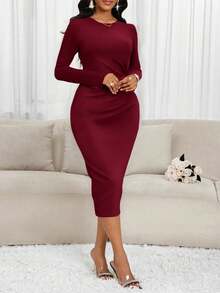 SHEIN Lady 女士休闲圣诞节/情人节红色心形图案开叉扭纹长袖修身中长连衣裙格子女裙红色连衣裙女士婚礼宾客礼服 - 酒紅色 - 查看 5