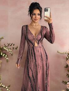 Rafferiza Women's Sexy Deep V-Neck Waist Cinching Long Sleeve Vintage Tie Dye Print Slimming A-Line Dress