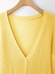 EMERY ROSE Plus Size Women Loose Casual Drop Shoulder Lantern Sleeve Knitted Cardigan, Black Jacquard Pattern, Mid-Length, Versatile For Daily Wear, Autumn/Winter - Light Yellow - View 6