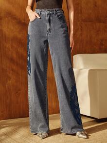 Anewsta 时尚女士镂空阔腿直筒牛仔裤 - 藍色 - 查看 3