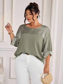 Cravure Plus Size Round Neck 3/4 Sleeve Foil Fabric Patchwork Contrast Color Woven Fabric Cuff Raglan Sleeve Casual Outgoing Holiday Commute Party Pullover Shirt - Green - View 5