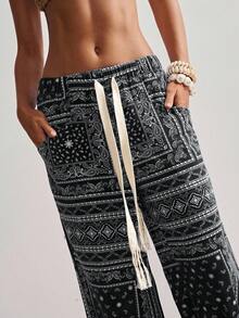 Bohemela Pantalones sueltos de cintura baja con estampado floral de estilo bohemio boho para mujer, primavera/verano - Negro - Ver 1