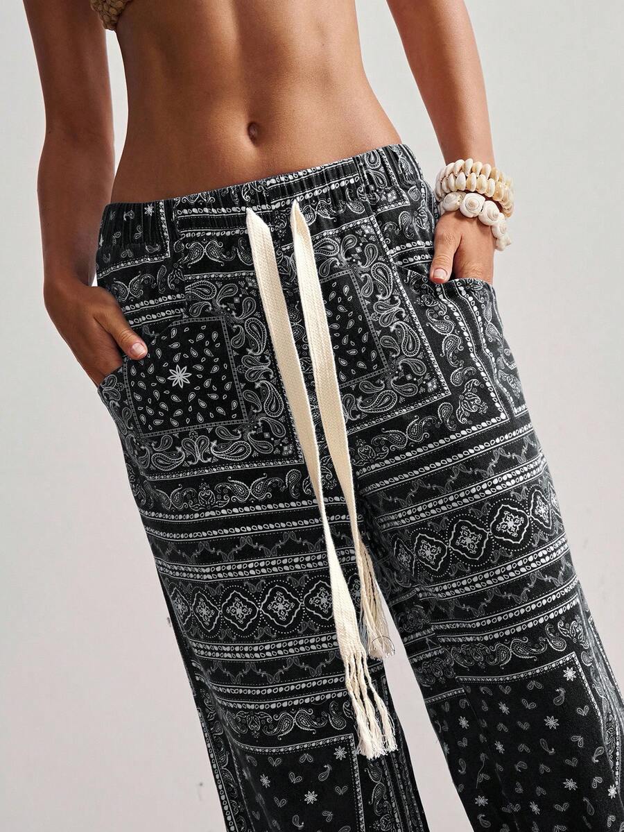 Bohemela Pantalones sueltos de cintura baja con estampado floral de estilo bohemio boho para mujer, primavera/verano - Negro - Ver 1