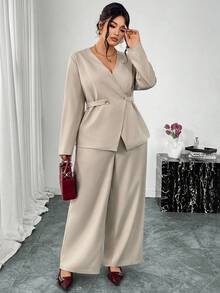 Firerie Plus Size Elegant Solid Color Blazer And Pants Set, Suitable For Commuting - Apricot - View 4
