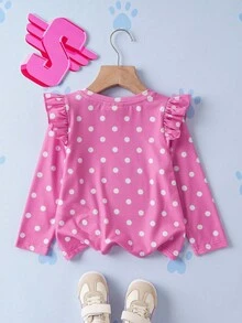 SHEIN | PAW Patrol Young Girls' Cartoon Heart & Cute Puppy Polka Dot Print Knit Round Neck Ruffle Trim Long Sleeve Fitted T-Shirt Fall Winter - Pink - View 8