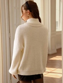 Zanirela Autumn/Winter New Oversized High Neck Chunky Knit Sweater With Asymmetrical Metal Button & Sequin Decor, Fashionable - White - View 2