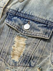 SHEIN PETITE Áo khoác denim ngắn tay rách một hàng khuy đơn dành cho nữ, mùa thu - Màu xanh lam - Xem 6