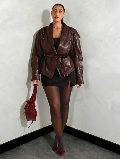 SHEIN BAE Women's Fashion Lace-Up Waist Leather Jacket, Practical Vintage Chic In Fall/Winter