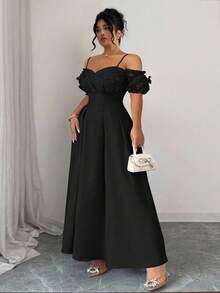 Elenzga Váy hở vai họa tiết bướm nhún eo tay ngắn cỡ lớn, dáng chữ A thanh lịch và tinh tế, màu tím - màu đen - Xem 5