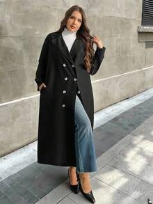 Firerie Plus Size Casual Solid Color Double-Breasted Windbreaker, Autumn Halloween Plus Size Fall Winter/Spring And Autumn Long-Sleeved Straight Double-Breasted Trench Coat With Pockets / Office Lady's Daily Wear Thin Coat / Suit Collar Contrast Button Coat