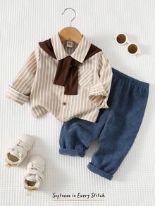 Cozy Pixies 2pcs Baby Boy Navy Style Contrast Color Shawl Collar Long Sleeve Shirt And Elastic Waist Faux Denim Pants Set, Gentleman Outfit For Holiday, Party, Casual, Outdoor, Lightweight Sports, Cute & Fashionable, Suitable For Multiple Occasions - Multicolor - View 9
