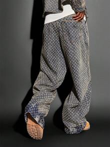 SUMWON Cotton All Over Print Monogram Pattern Wide Leg Baggy Jeans Y2K Fashion Statement Winter Fall Streetwear Denim Pants Casual Everyday Bottom - Blue - View 2