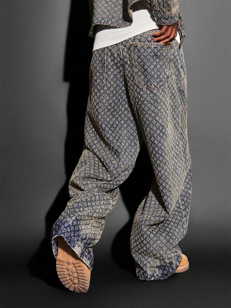 Wide Leg Baggy Monogram Pattern Denim Jeans
