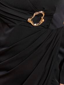 Cravure Christmas Plus Size Women's V-Neck Metal Buckle Elegant Wedding Guest Dress, Suitable For Office Wear, Autumn/Winter - Black - View 6