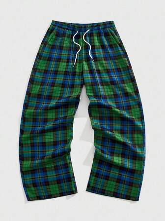Prep Men's Casual Plaid Drawstring Waist Long Pants, For Fall