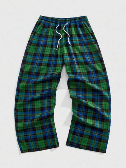 Prep Men's Casual Plaid Drawstring Waist Long Pants, For Fall