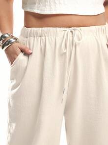 Solavibe 加大码亚麻纯色抽绳腰斜口袋阔腿裤 - 杏色 - 查看 4