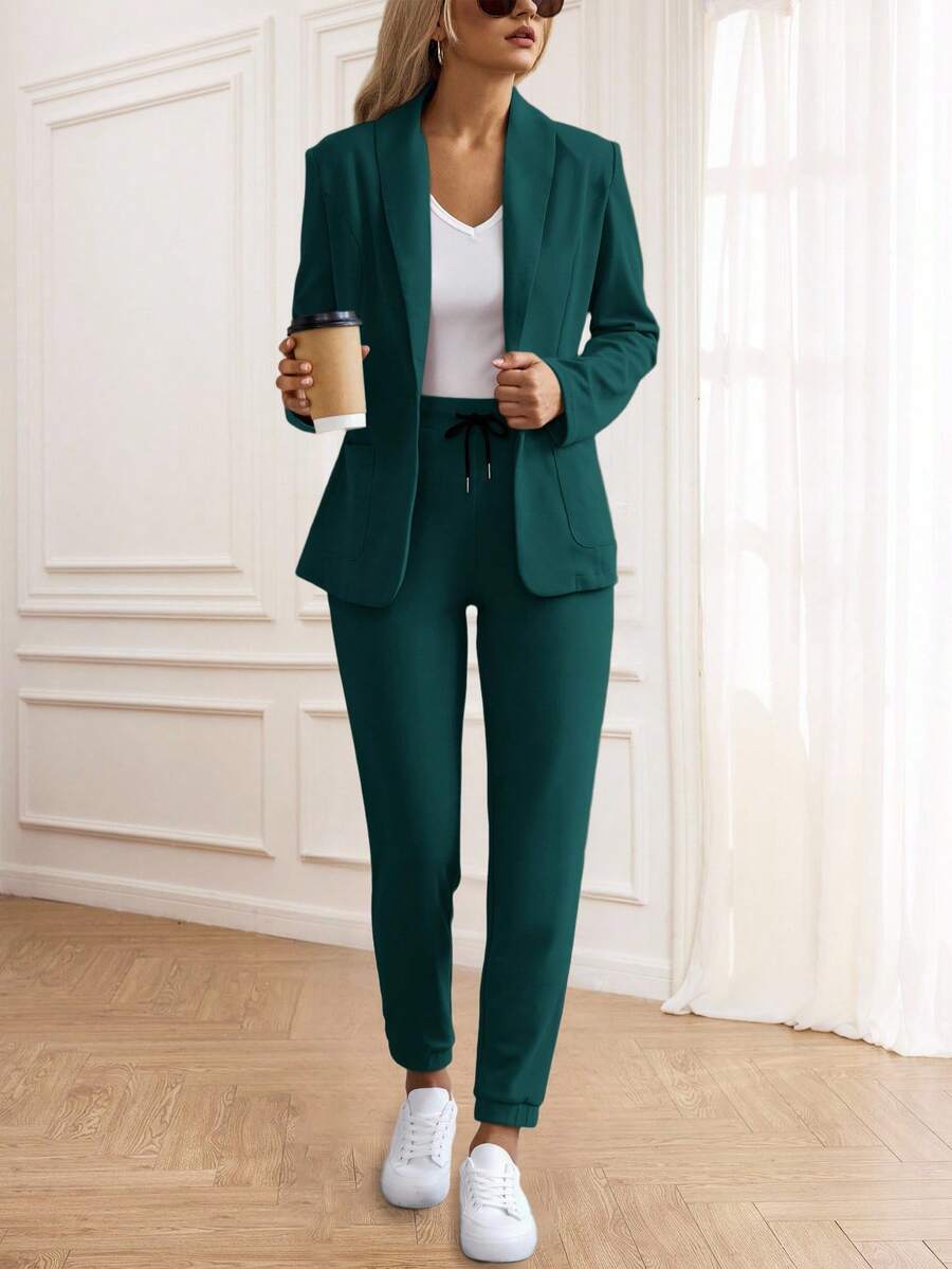 Miaspire Women Autumn Casual Single Button Business Blazer And Drawstring Waist Tapered Pants Set - Teal Blue - View 1
