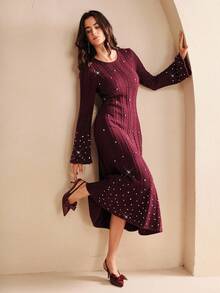 Anewsta Robe moulante élégante en maille perlée avec manches évasées, tenue de Noël élégante et élégante pour femme, robe de soirée - Rouge - Voir 3