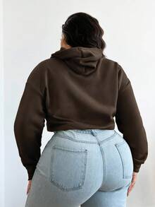 SHEIN SXY Plus Size Women Fluffy Coffee Brown Hooded Short Sweatshirt, Suitable For Graduation, Back To School, Graduation Ceremony, Women Teachers Outfit, Back To School Autumn Winter Clothes For Women
