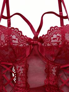 4pcs Set Women's Sexy Lace Contrast Mesh Garter Lingerie Sets For Going Out - Burgundy - View 3