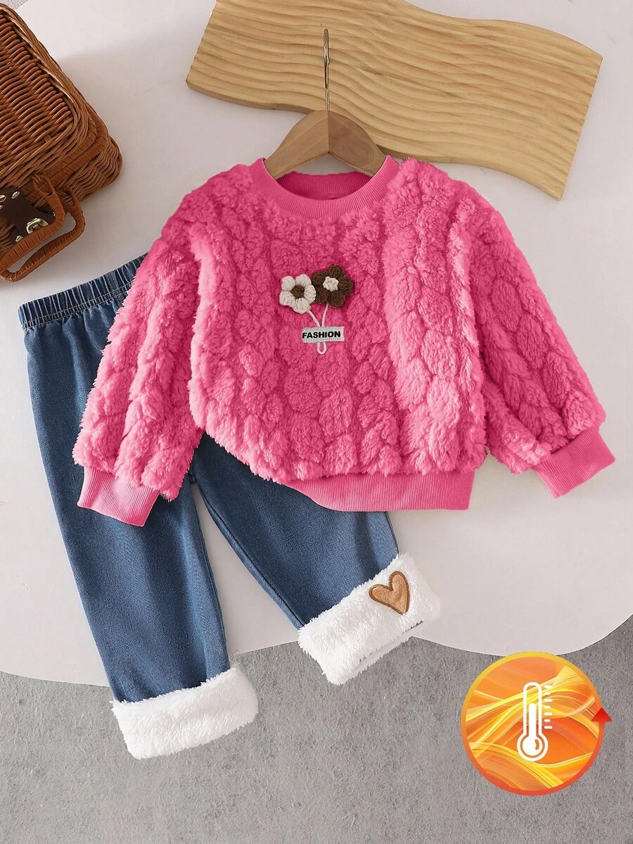SHEIN Playful Pals 女婴碎花长袖上衣和心形毛绒牛仔裤套装，秋冬 - 玫紅色 - 查看 1