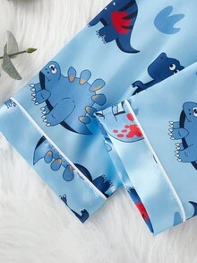 2pcs Young Boy Cute Dinosaur Print Short Sleeve Cardigan And Pants Casual Pajama Set