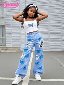 SHEIN Explorewe 2pcs Teenage Girls Denim Camisole Top & Straight Leg Jeans With Ripped & Print Design - Light Wash - View 1