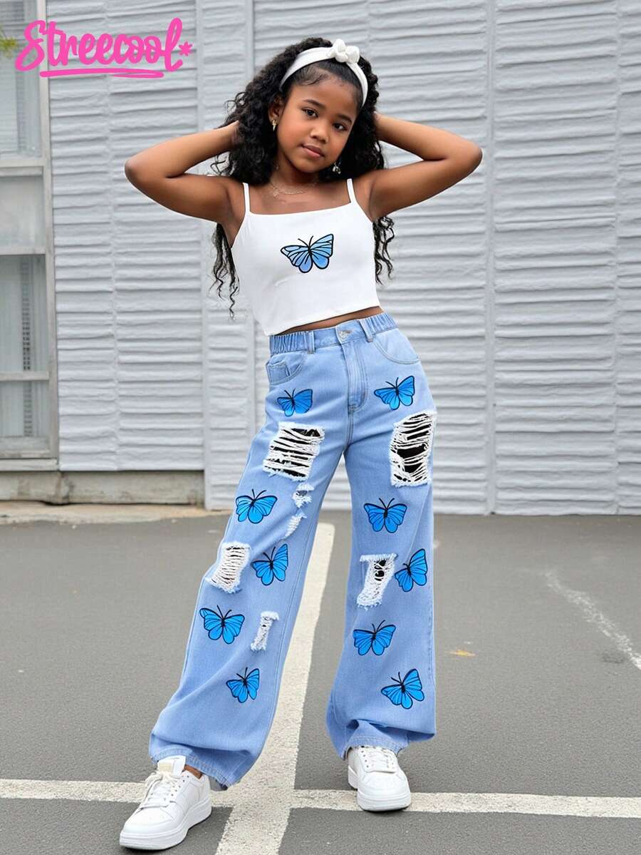 SHEIN Explorewe 2pcs Teenage Girls Denim Camisole Top & Straight Leg Jeans With Ripped & Print Design - Light Wash - View 1